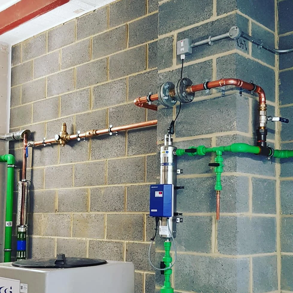 Copper contingency pipework alongside the existing green water pipework