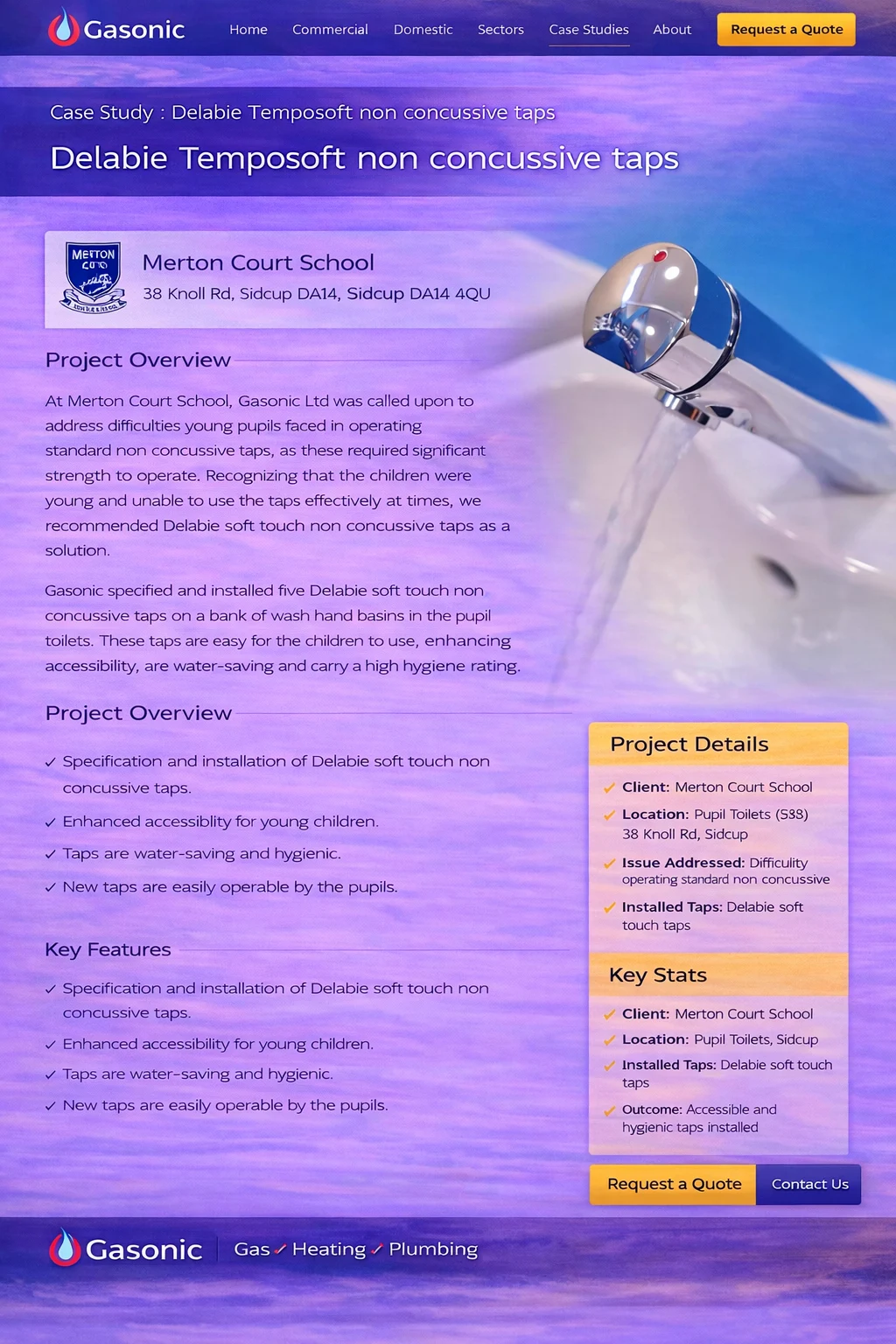 Soft-touch tap shown in the supplied Merton Court School project reference